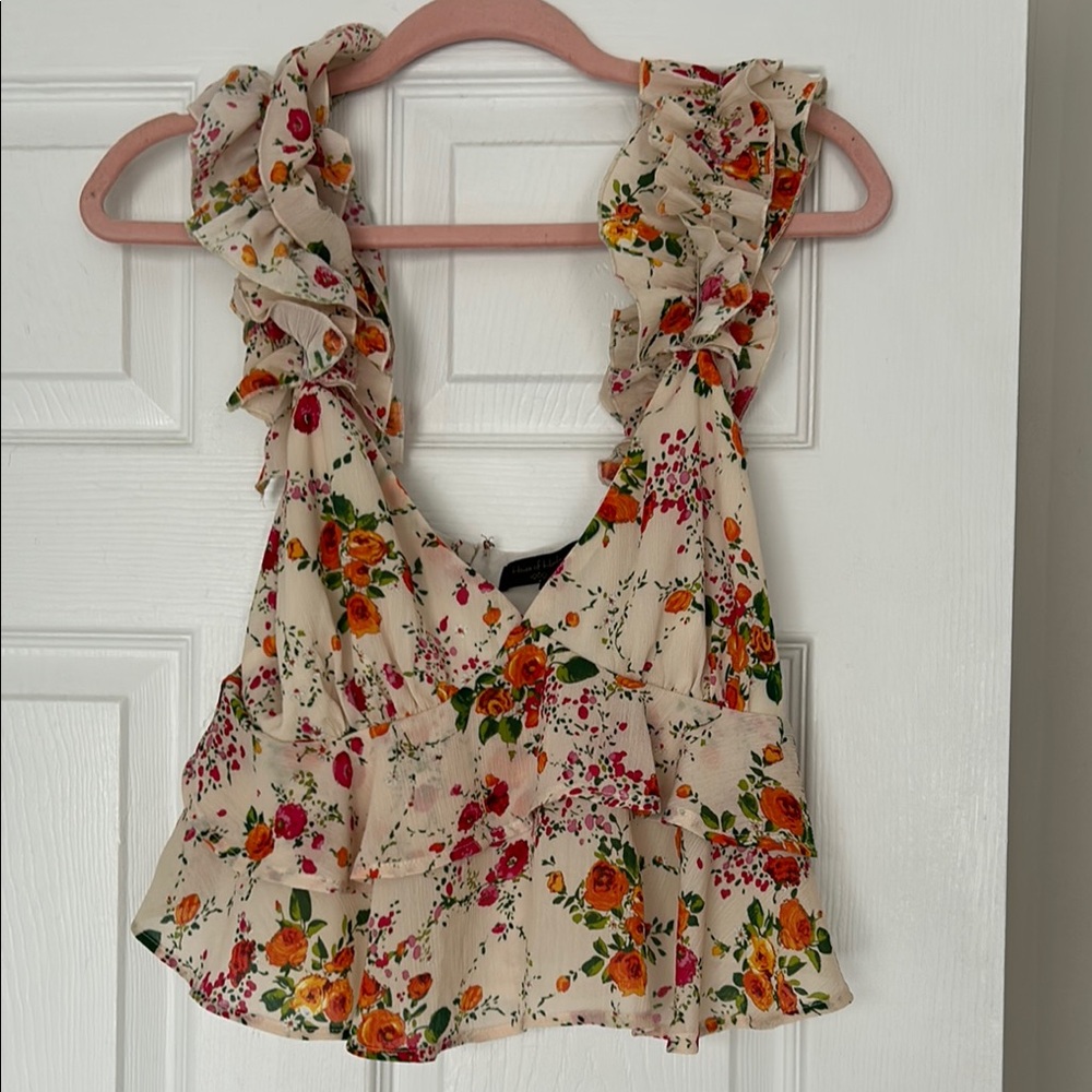 House of Harlow 1960 Cream and Red Ruffled Floral Blouse